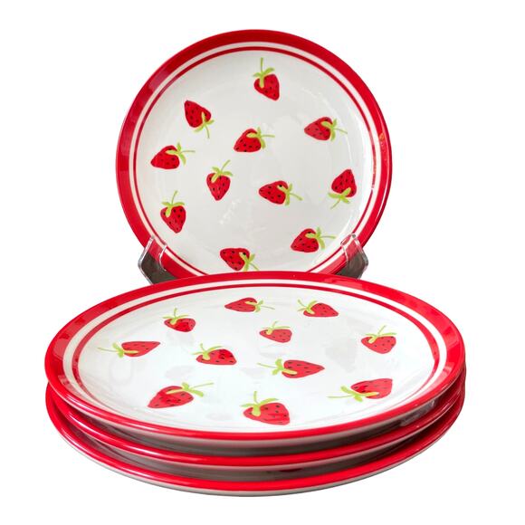 TERRAMOTO Strawberry Summer Ceramic 10.5" Plates Red and White Set of 4 NEW - Picture 1 of 8